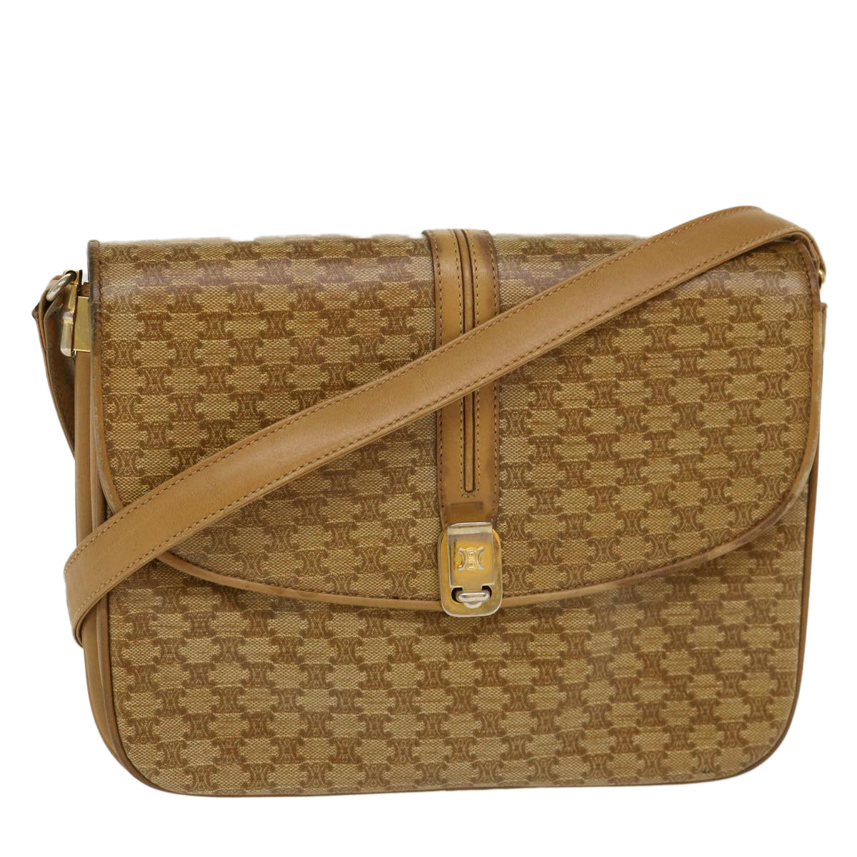 Celine Macadam Canvas Shoulder Bag Pvc Leather Beige Auth 39942